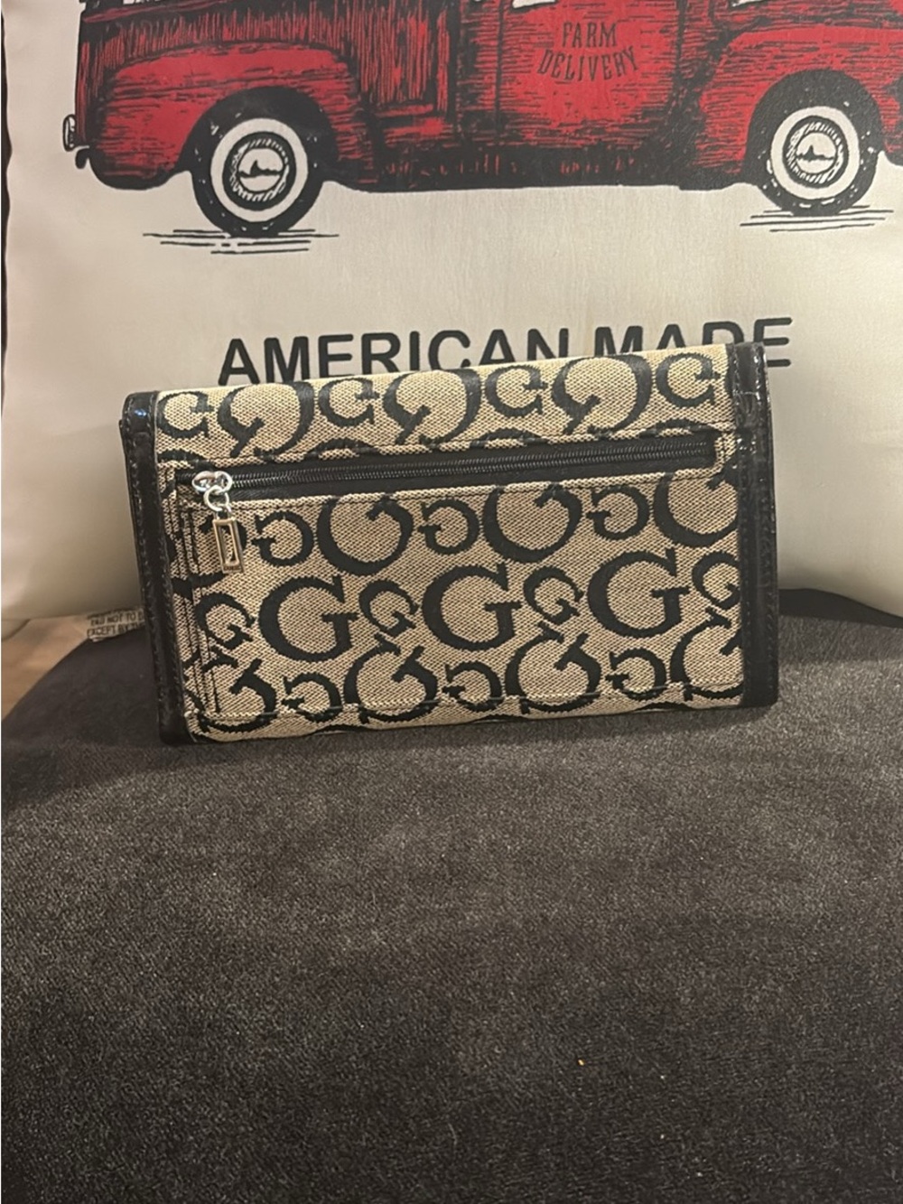 Guess Patent Leather Wallet in Black with Beige Monogram Window